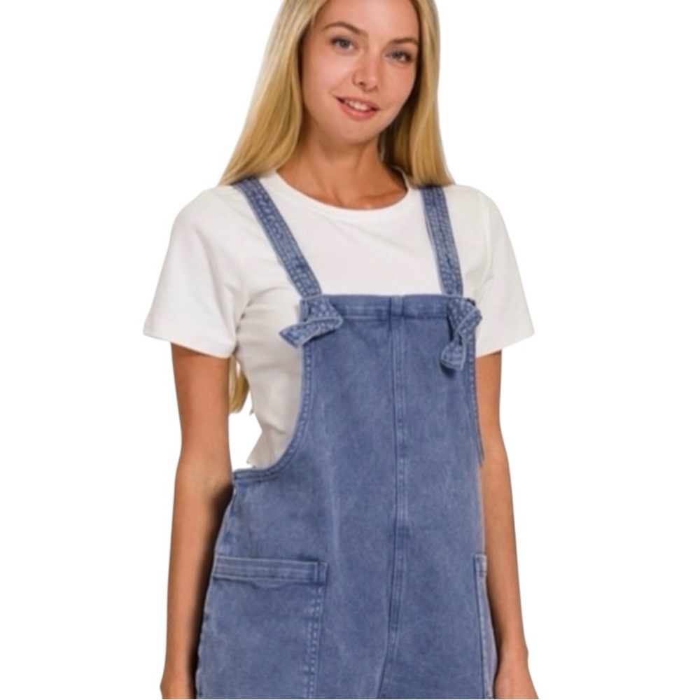 Zenana Strap Knot Overalls Lavender Washed Cotton Romper Jumpsuit S M L NWT - Picture 3 of 4